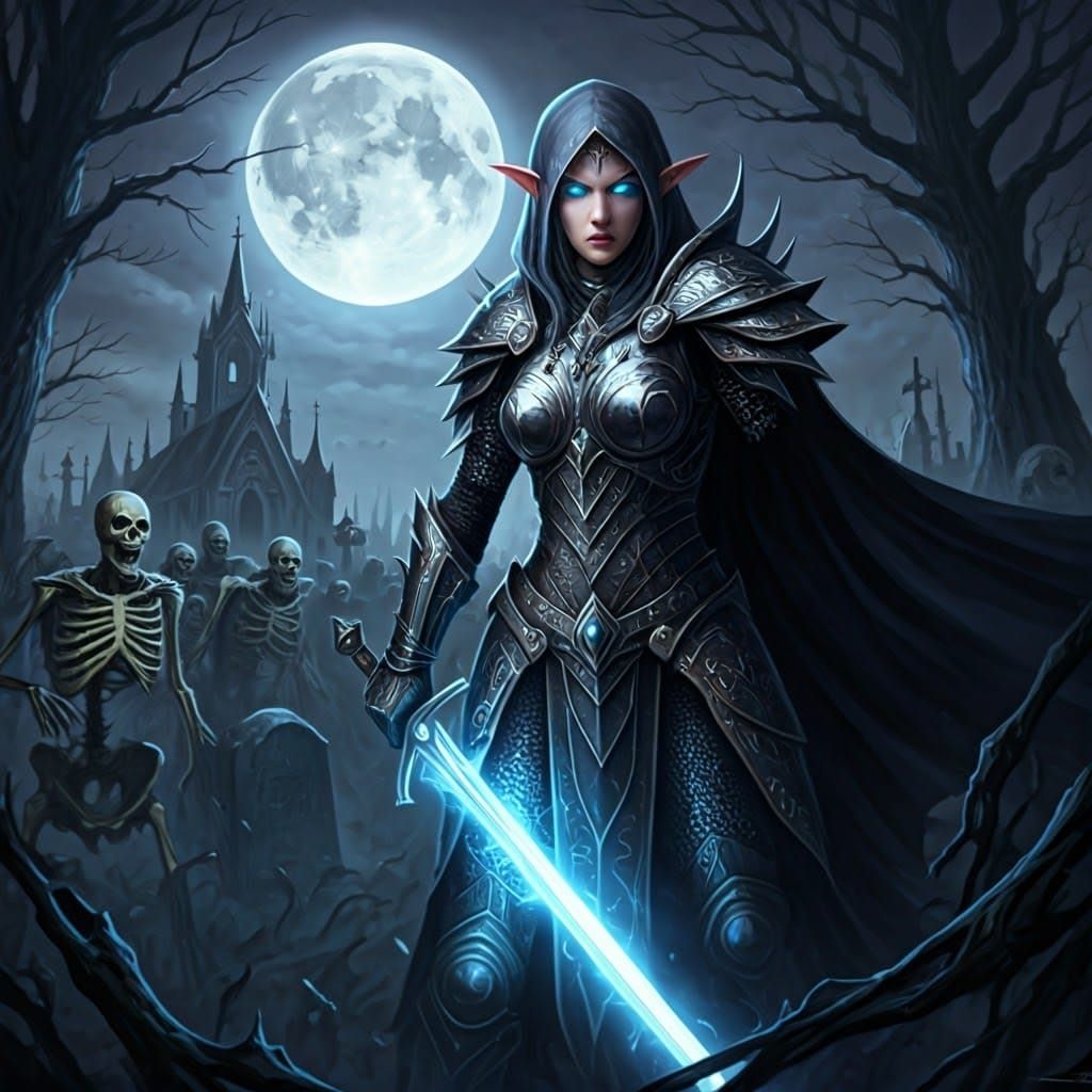 Elven Warrior Fights Undead Horde in Moonlit Cemetery