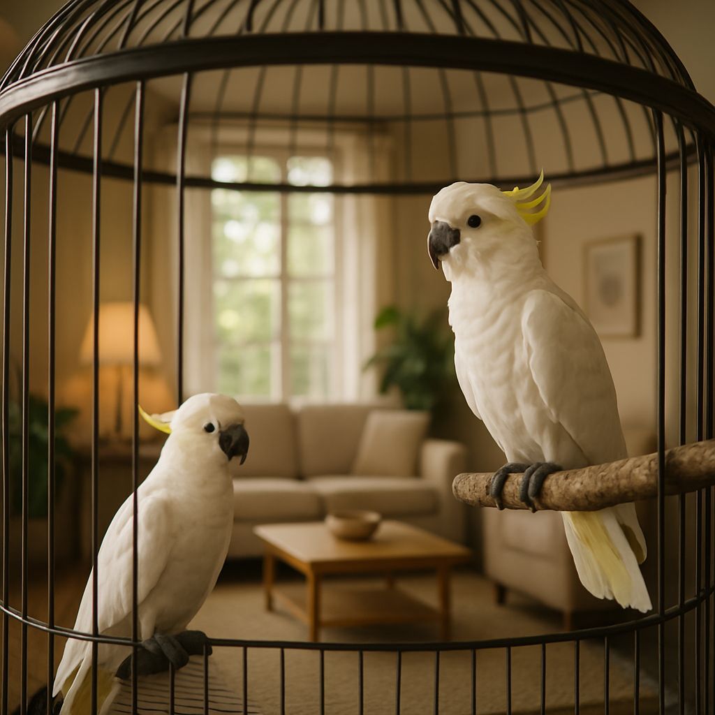 Exotic Cockatoos Inside a Birdcage Home