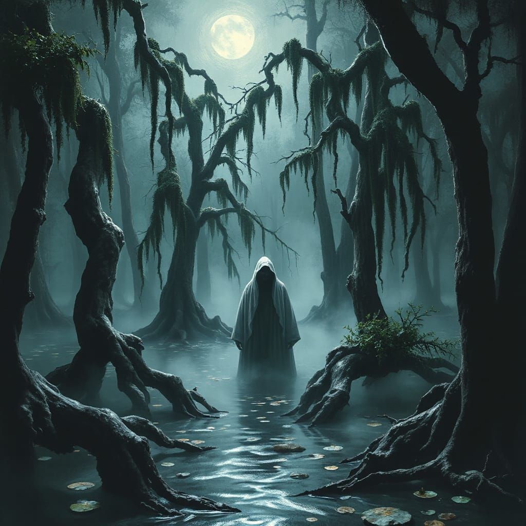 Mystical Figure in Eerie Swamp: Expressive Figuratism