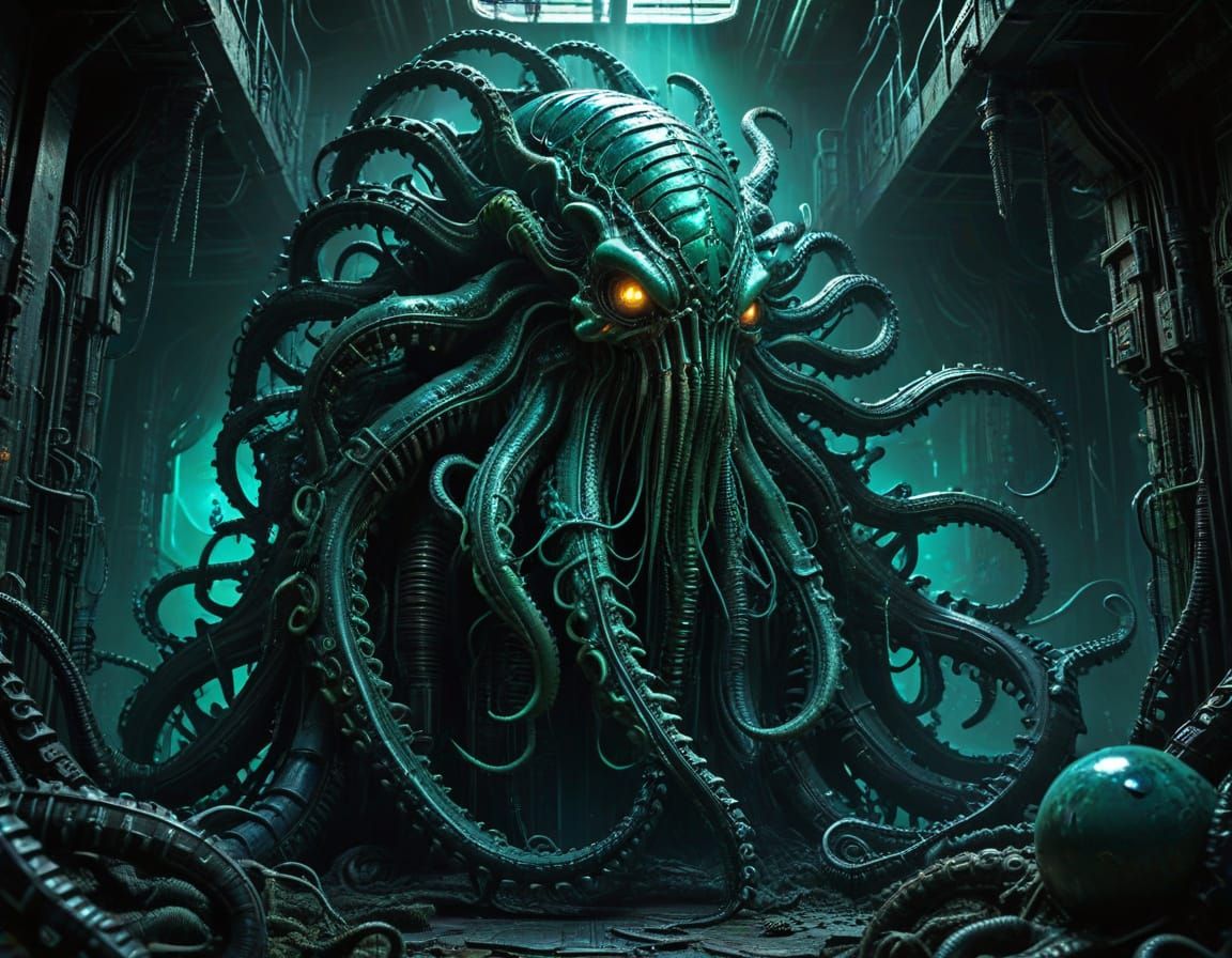 Biomechanical Horror in Dark Futurism Style