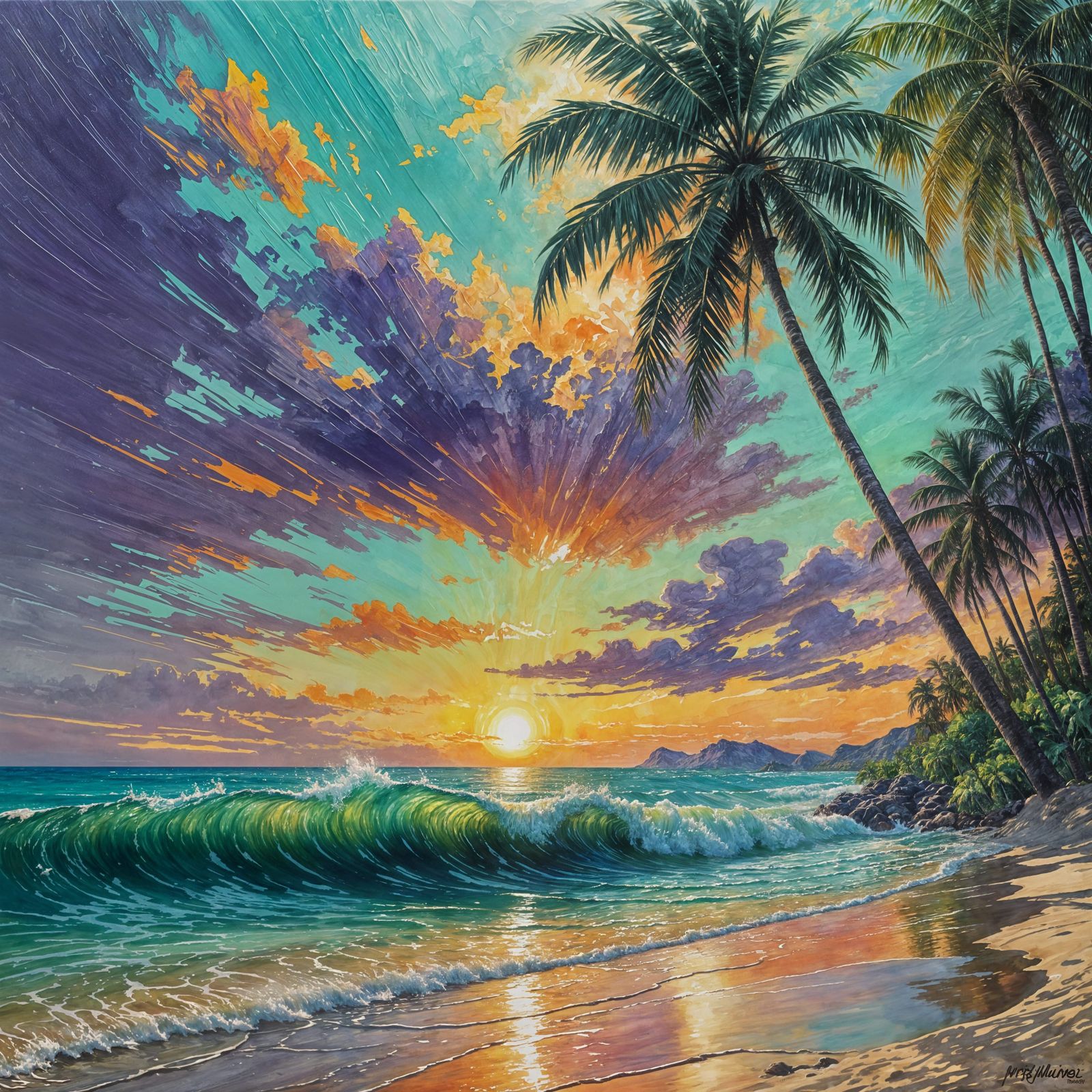 Turquoise Waves at Sunset: Expressionist Island Scene