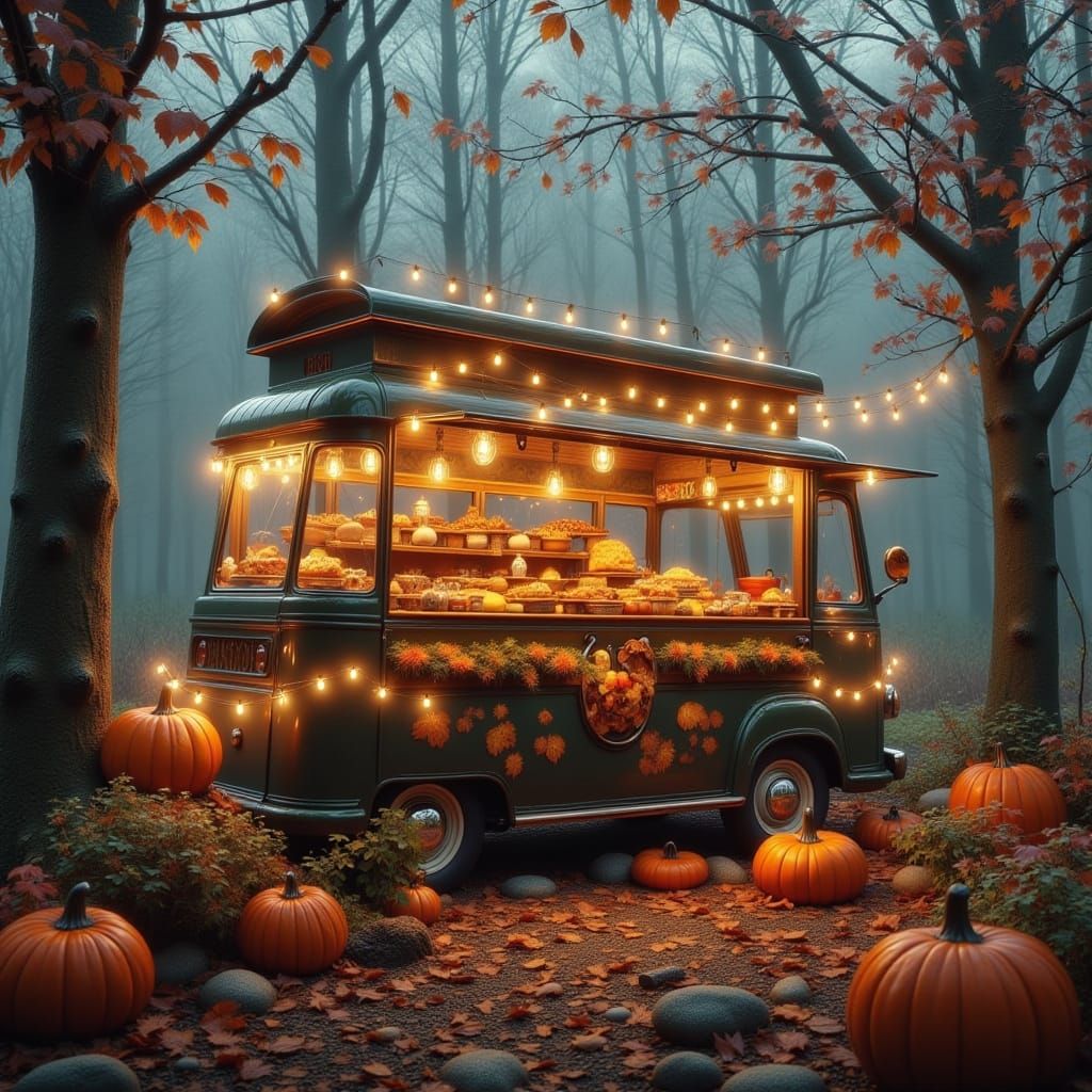 1950s Thanksgiving Food Truck in Misty Forest
