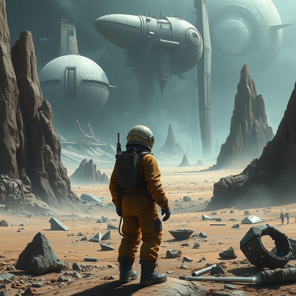 Astronaut Contemplates Ancient Alien Wreckage in a Dystopian...
