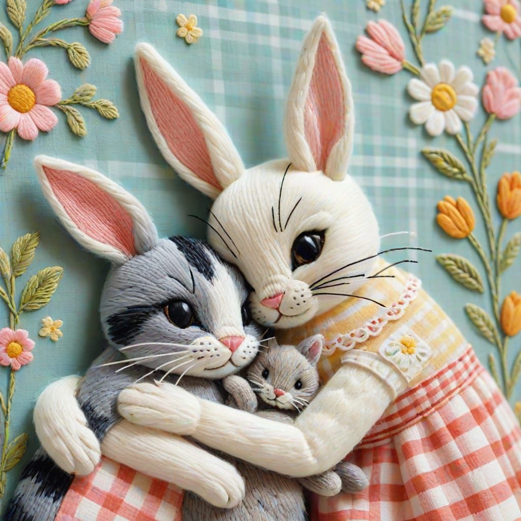 Adorable Cat and Rabbit Embroidery Art