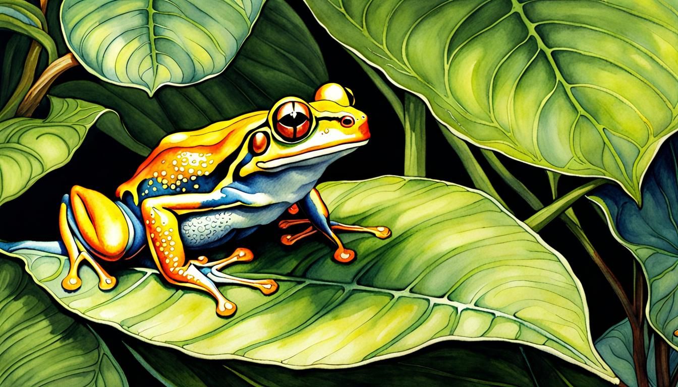 Colorful Treefrog in Jungle, Art Nouveau Illustration