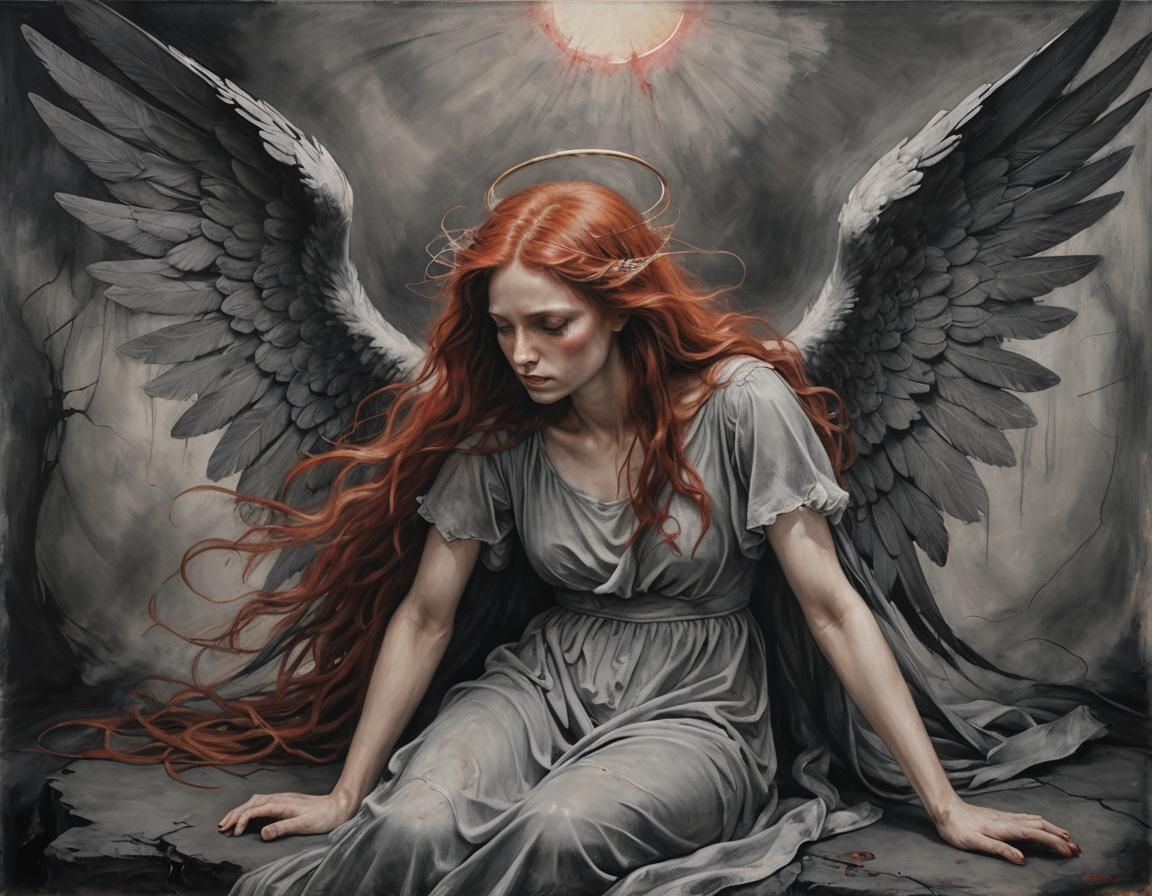 Fallen Angel Charcoal Painting with Red Hair