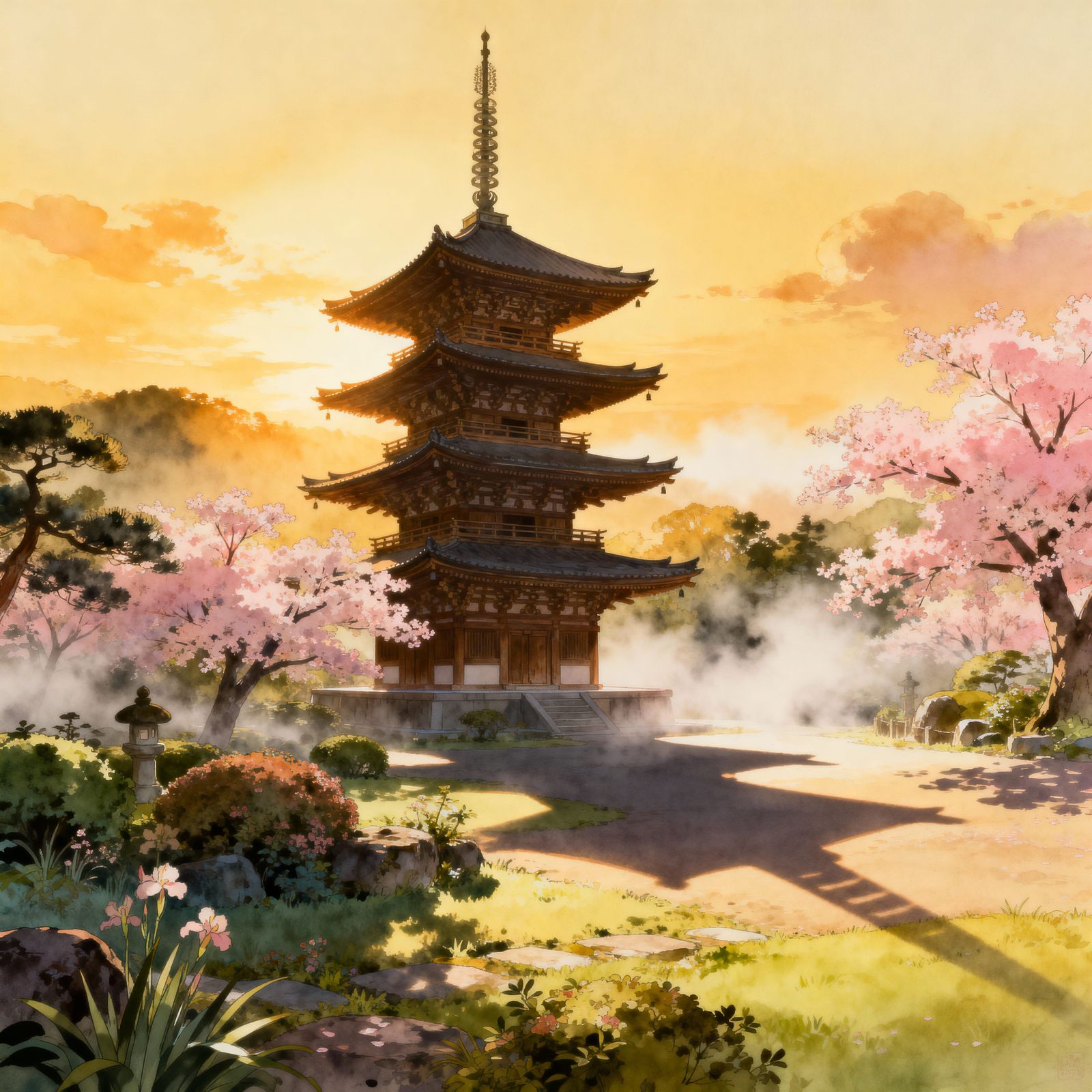 Golden Hour Pagoda in Misty Japanese Garden