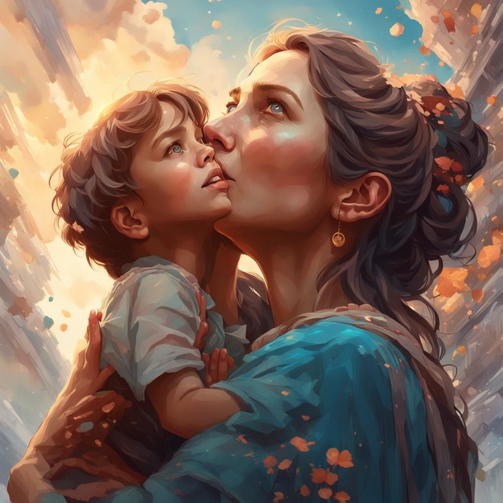 Mother and Child Gaze Skyward: Fantasy Art Portrait