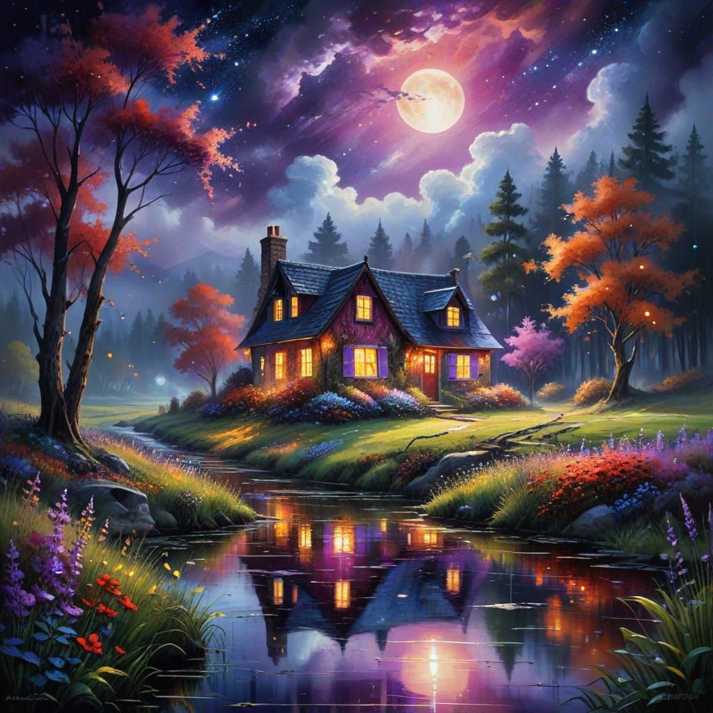 Magical Forest Cottage Watercolor with Celestial Sky