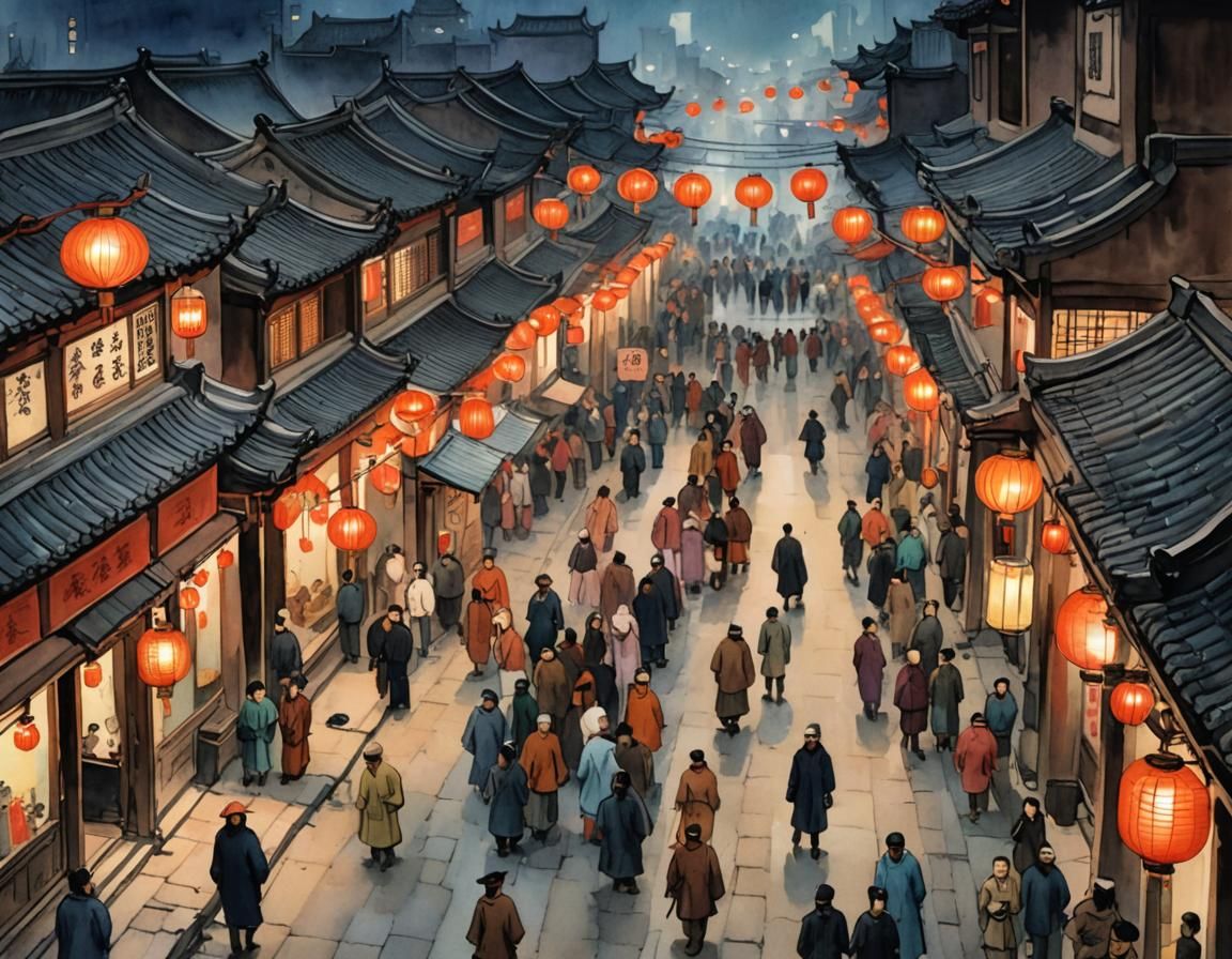 Lantern Festival Street Scene: Watercolor Masterpiece