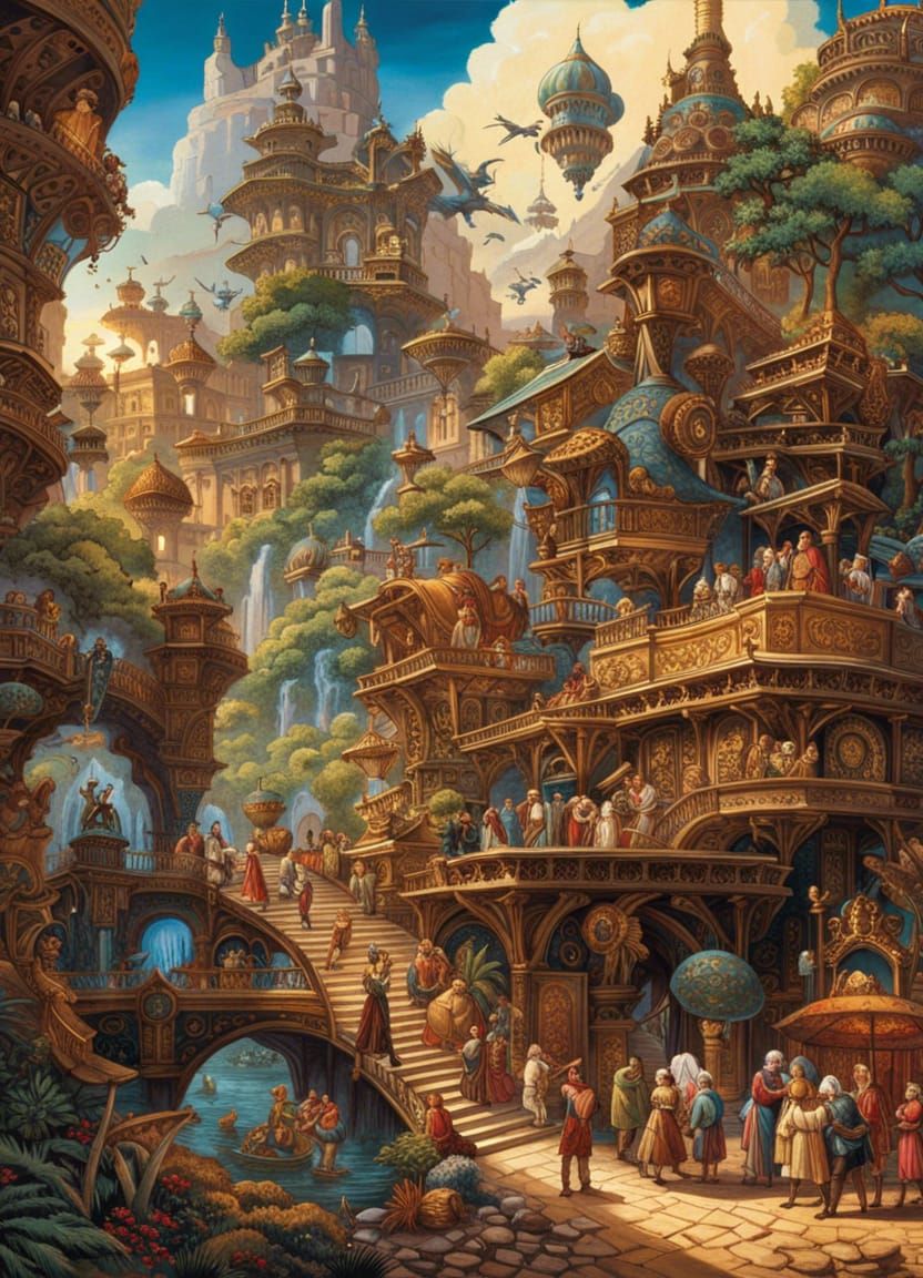 Anthropomorphic Animals Work on Puzzle, Maximalist Style