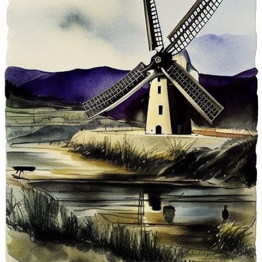 Idyllic Riverscape with Windmills in Ink Wash Style