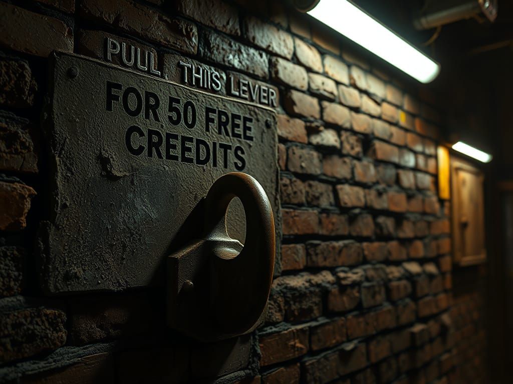 Rusted Industrial Lever on Grimy Wall with 'Free Credits' Ca...