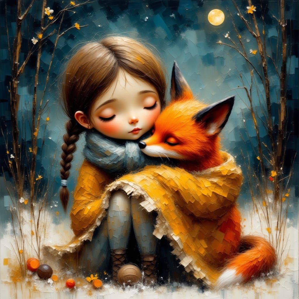 Girl and Fox Sharing Blanket Under Starry Sky