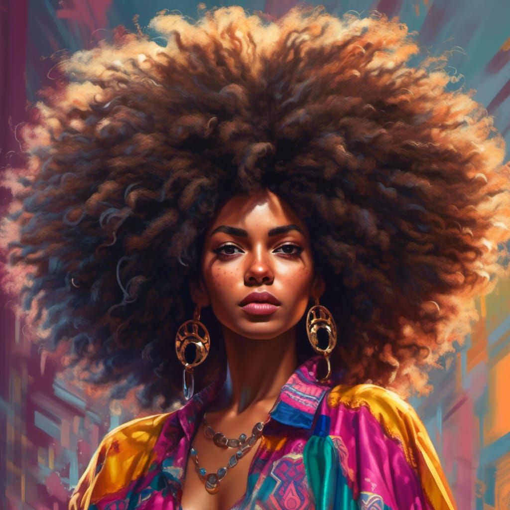Hyperrealistic African American Woman with Afro, Splash Art