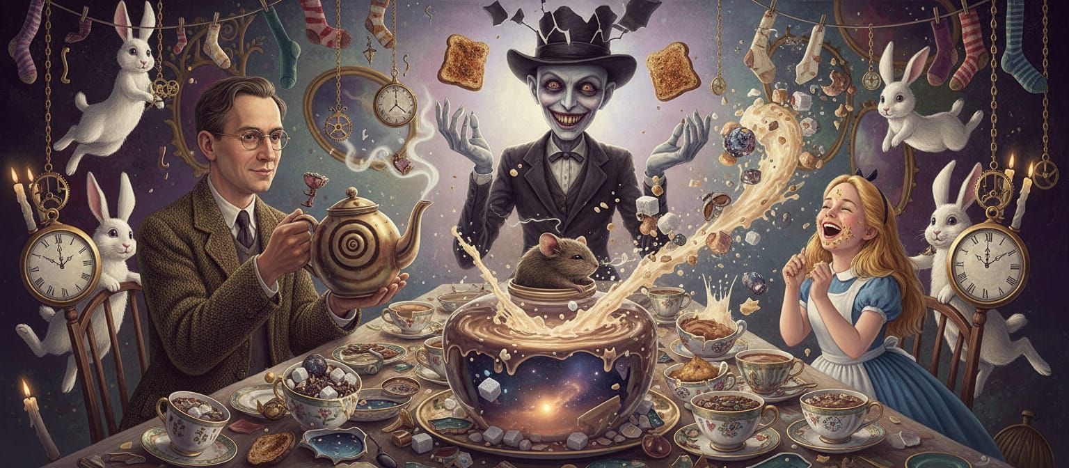 Alice's Surreal Birthday Party With Pale Man and Schrödinger