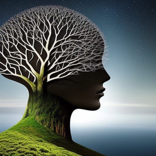 Surreal Tree Face Schematic Eye Brain Art