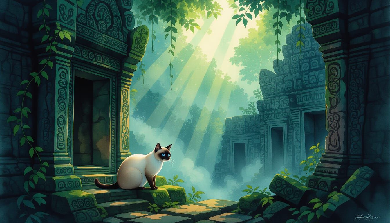 Siamese Cat Explores Ancient Jungle Temple in Alcohol Ink St...
