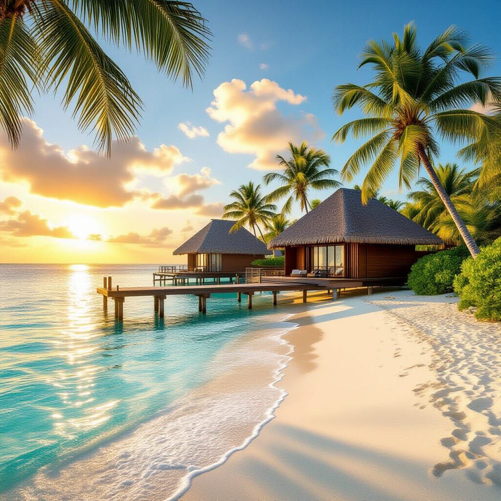 Golden Hour Tropical Island Paradise with Overwater Bungalow