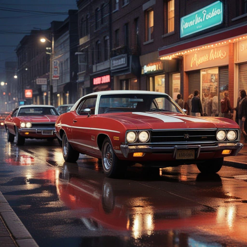 Cinematic Concept Art of Red Grand Torinos on Wet Street