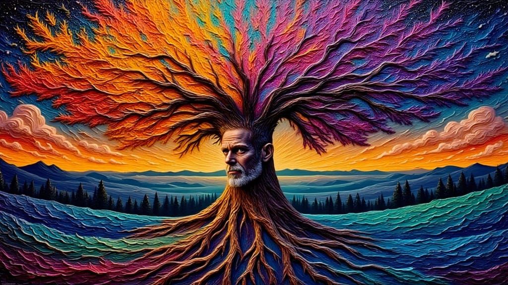 Fractal Faced Man with Rainbow Moss: Dark Fantasy Art