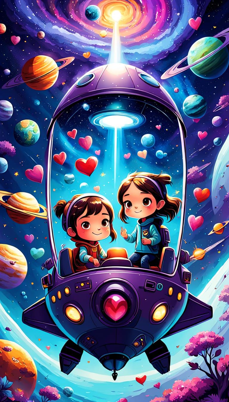 Cartoon Kids in Spaceship Galaxy Blanket Design