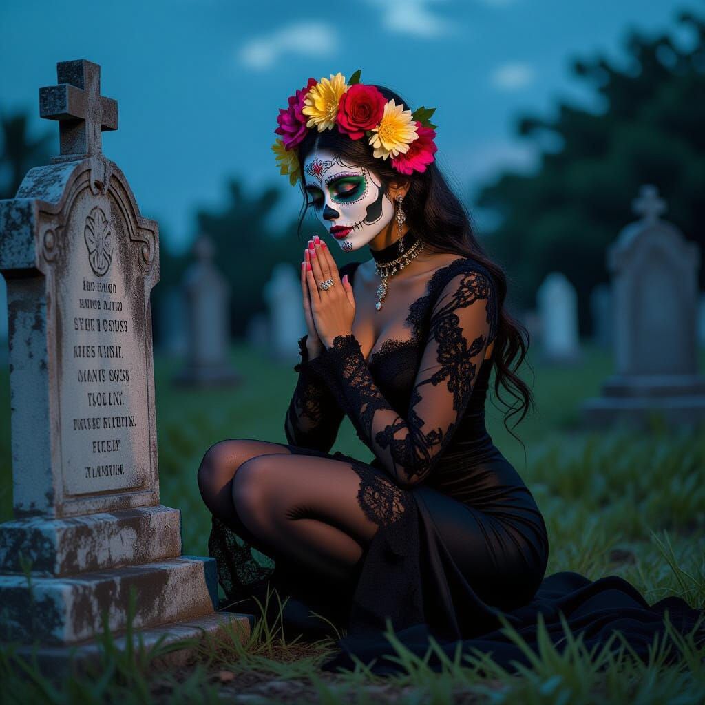 La Catrina in Cemetery, Hyperrealistic Style