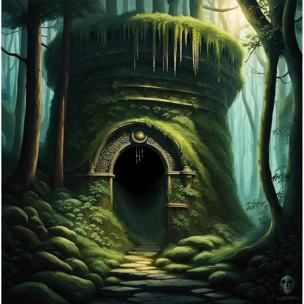 Secret passageway in dark forest