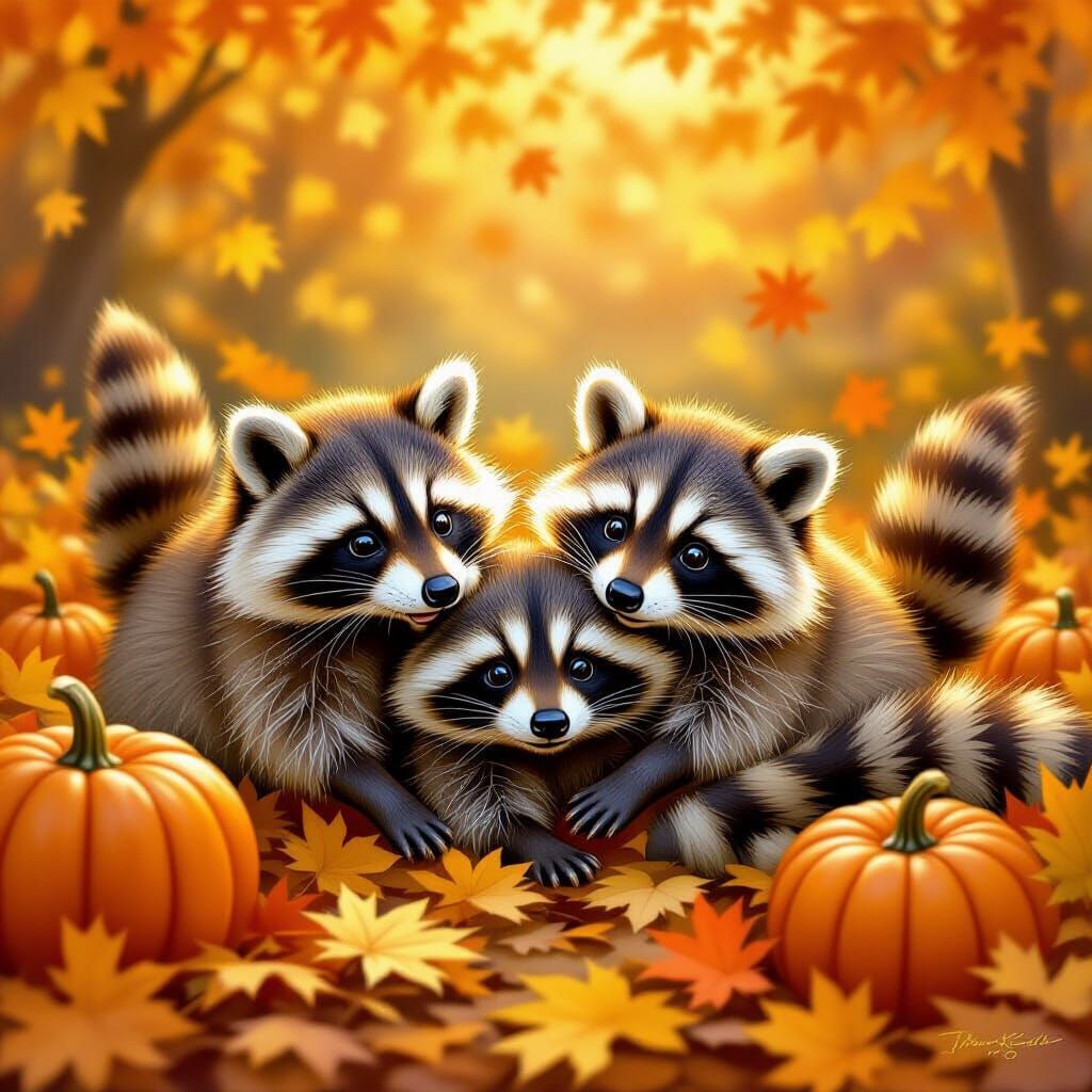Adorable Raccoons in Autumn Light