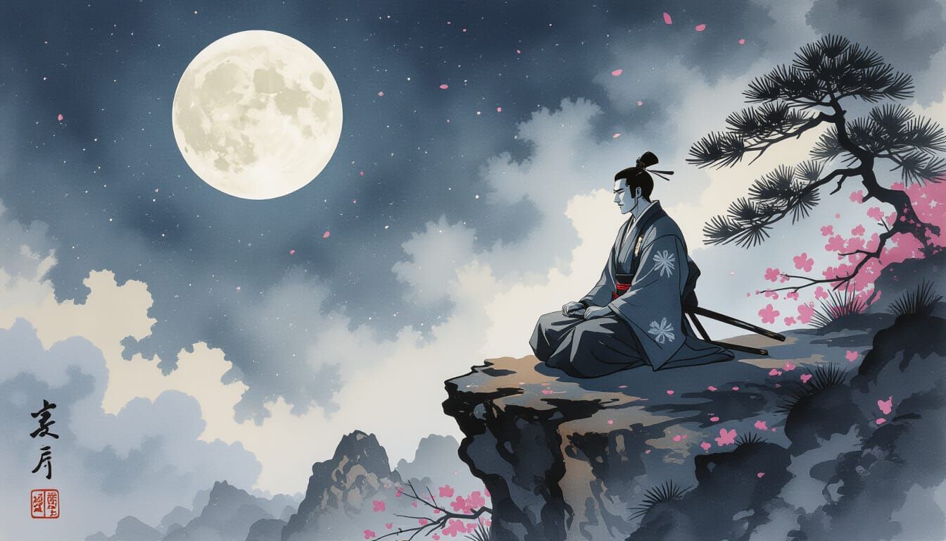 Samurai Meditation: Gouache and Watercolor Sumi-e Painting