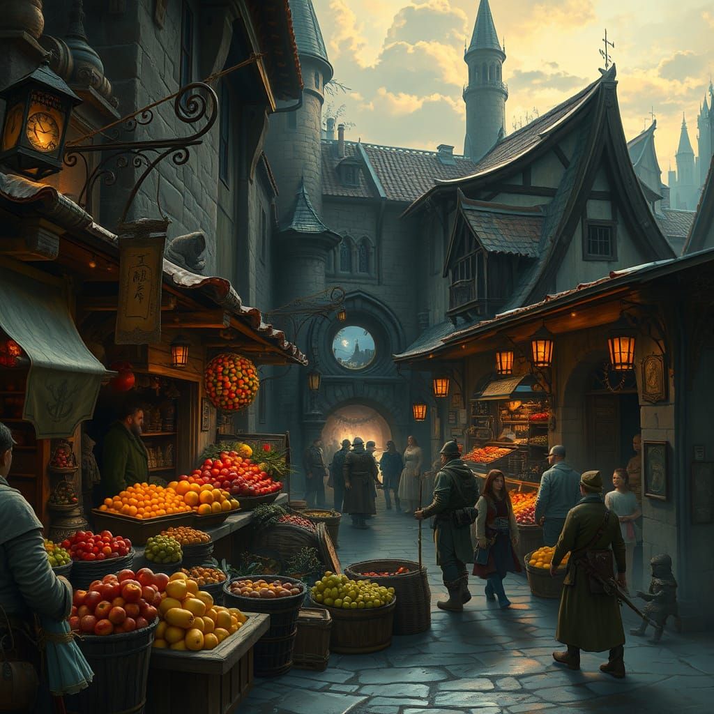 Medieval Marketplace with Hidden Portal, Digital Painting