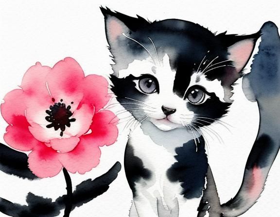 Watercolor Kitten with Flower in Chinese Ink Style