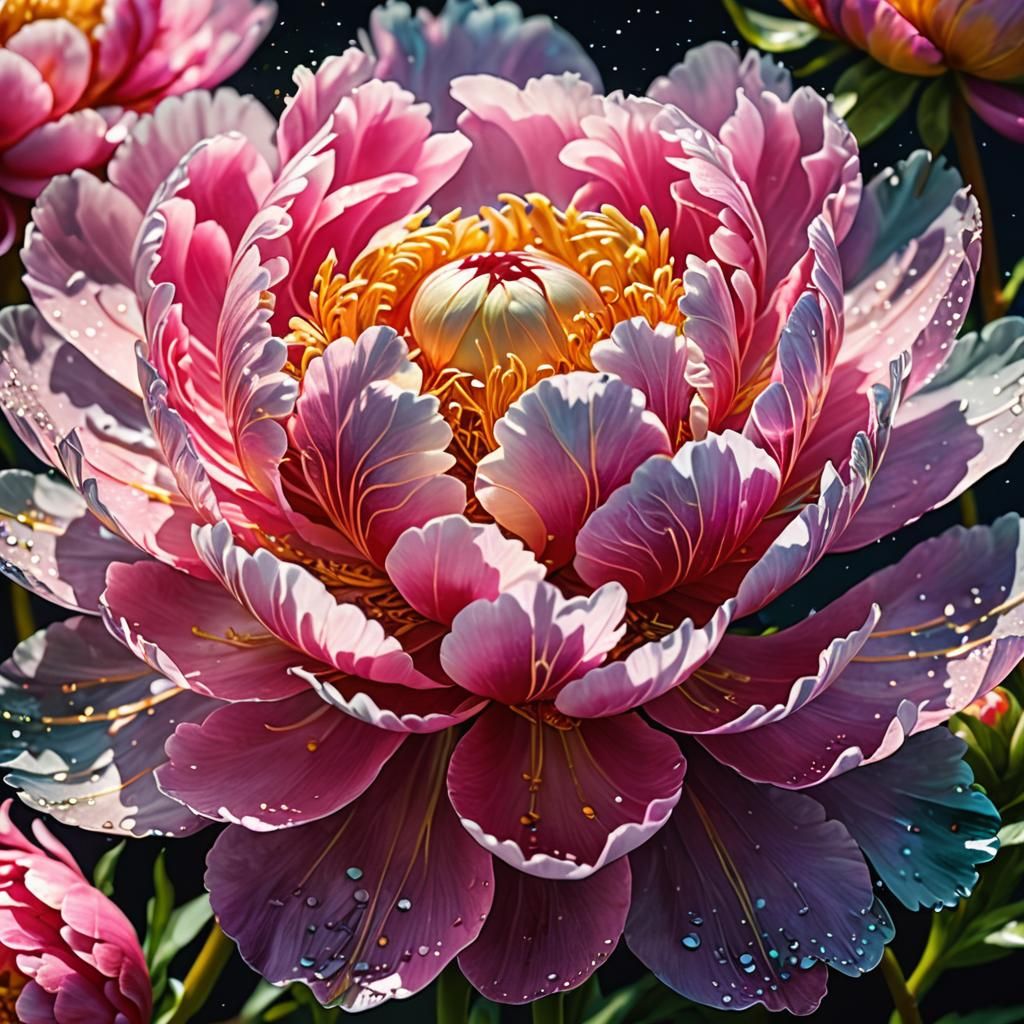 Bioluminescent Peony Blossom in Rainbow Glass Art