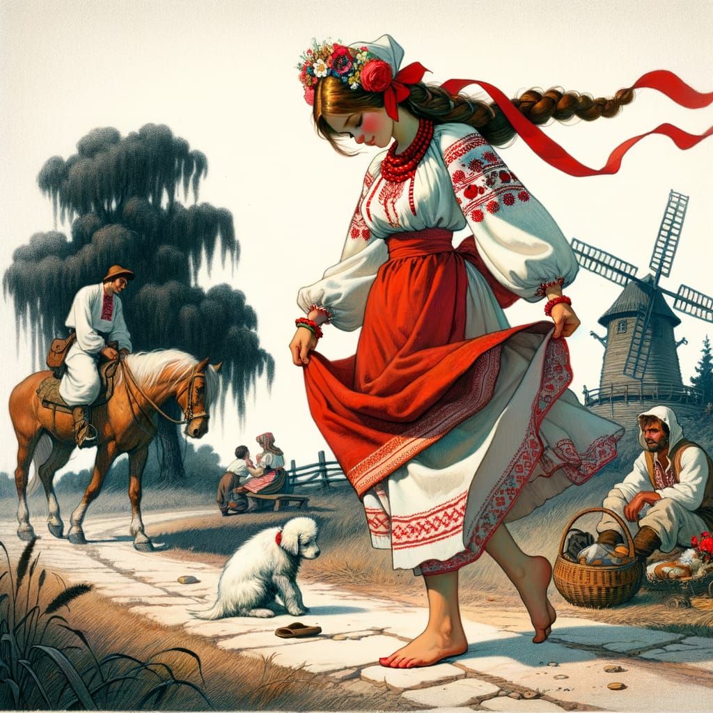 A Ukrainian Woman's Sorrowful Walk in a Bygone Era