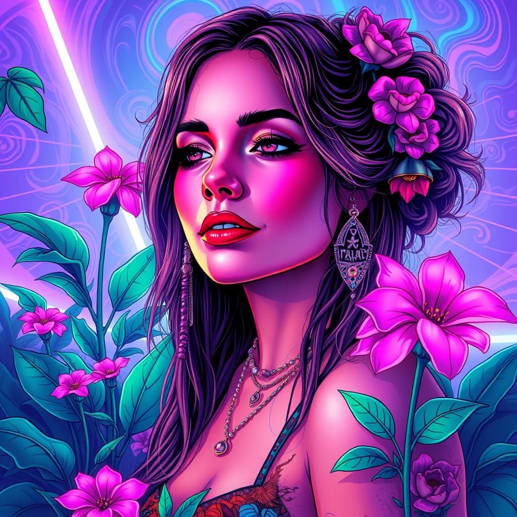 Retro Futuristic Hippie Goddess in Synthwave Paradise