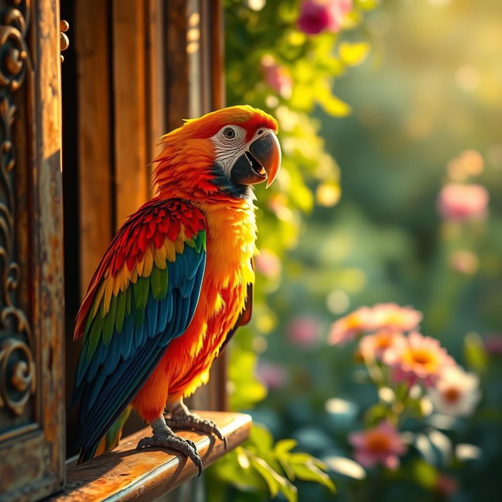 A cute parrot sitting in the open window enjoying the sun,