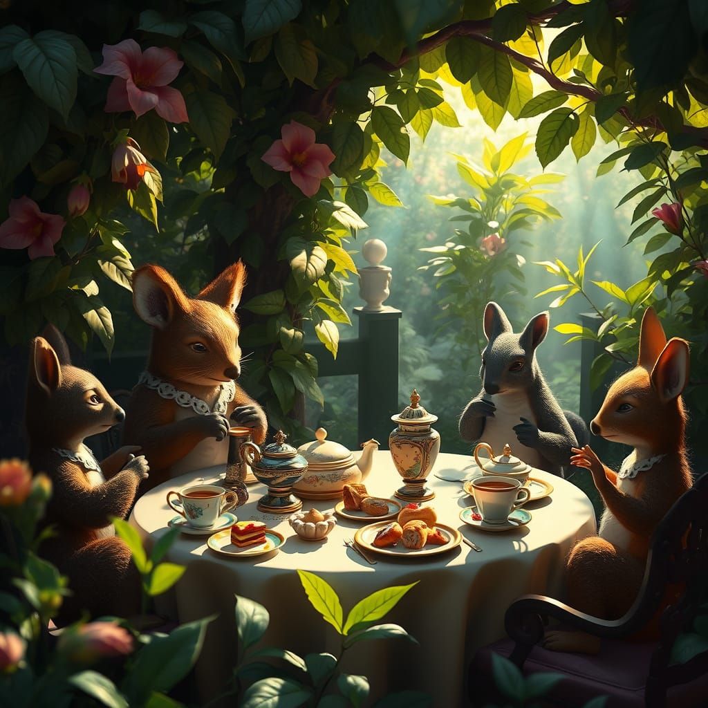 Whimsical Tea Party in Overgrown Garden, Art Nouveau Style