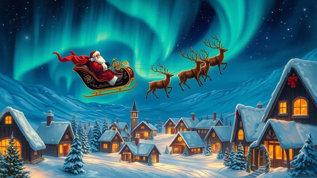 Winter Wonderland Scene with Santa Claus and Vibrant Aurora...