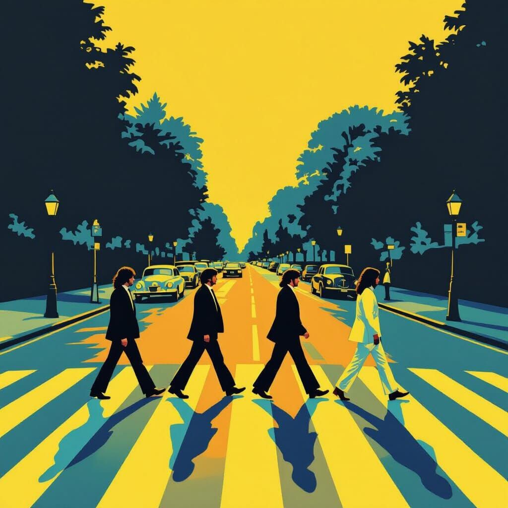 The Beatles' Abbey Road in Yellow and Blue Synthetism Style