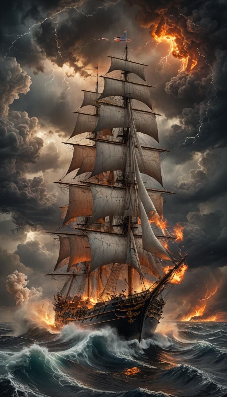 Sailing Ship Amidst Storm and Explosions