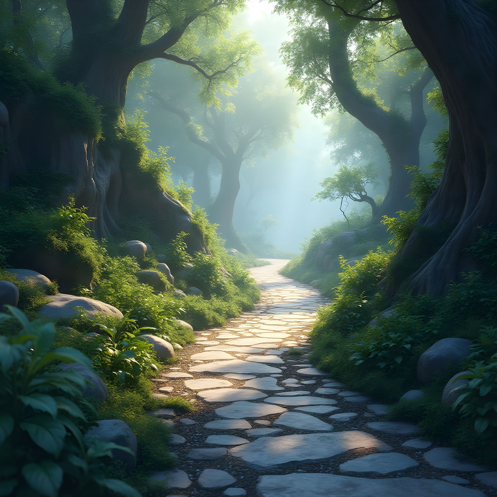 Enchanted Stone Pathway in Deep Fantasy Landscapes