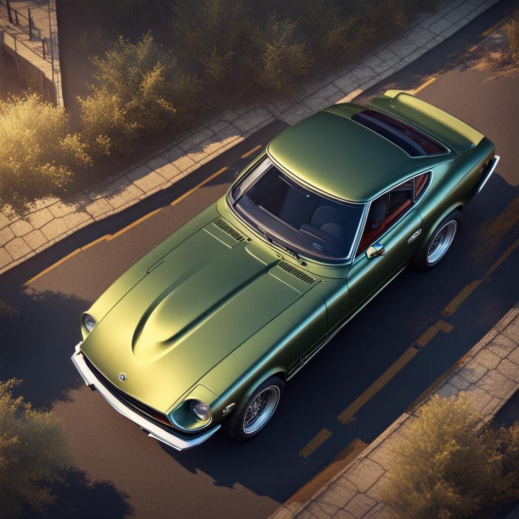 1970 Datsun 240Z Photorealistic Aerial View Drawing