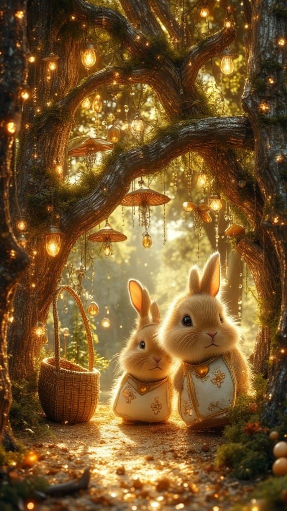 Bunnies Living in an Ancient Oak Tree as Oil Painting