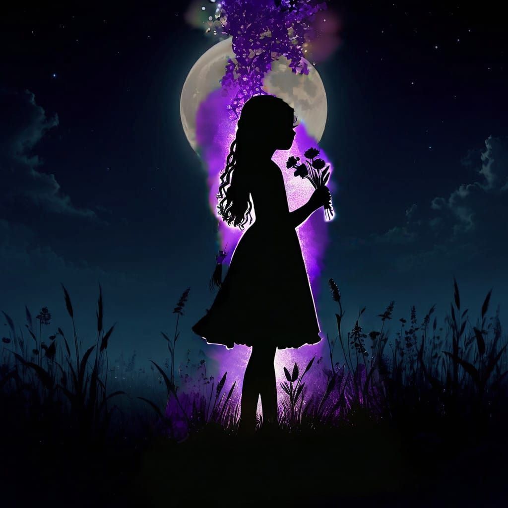 Ethereal Young Girl Silhouette in Vibrant Purple Landscape