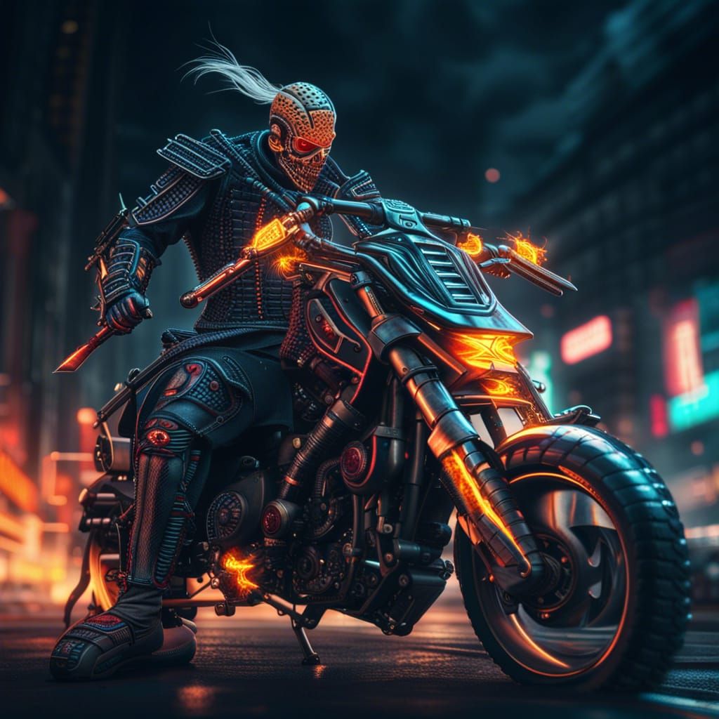 Cyberpunk Ghost Rider Samurai in Hyperrealistic Style