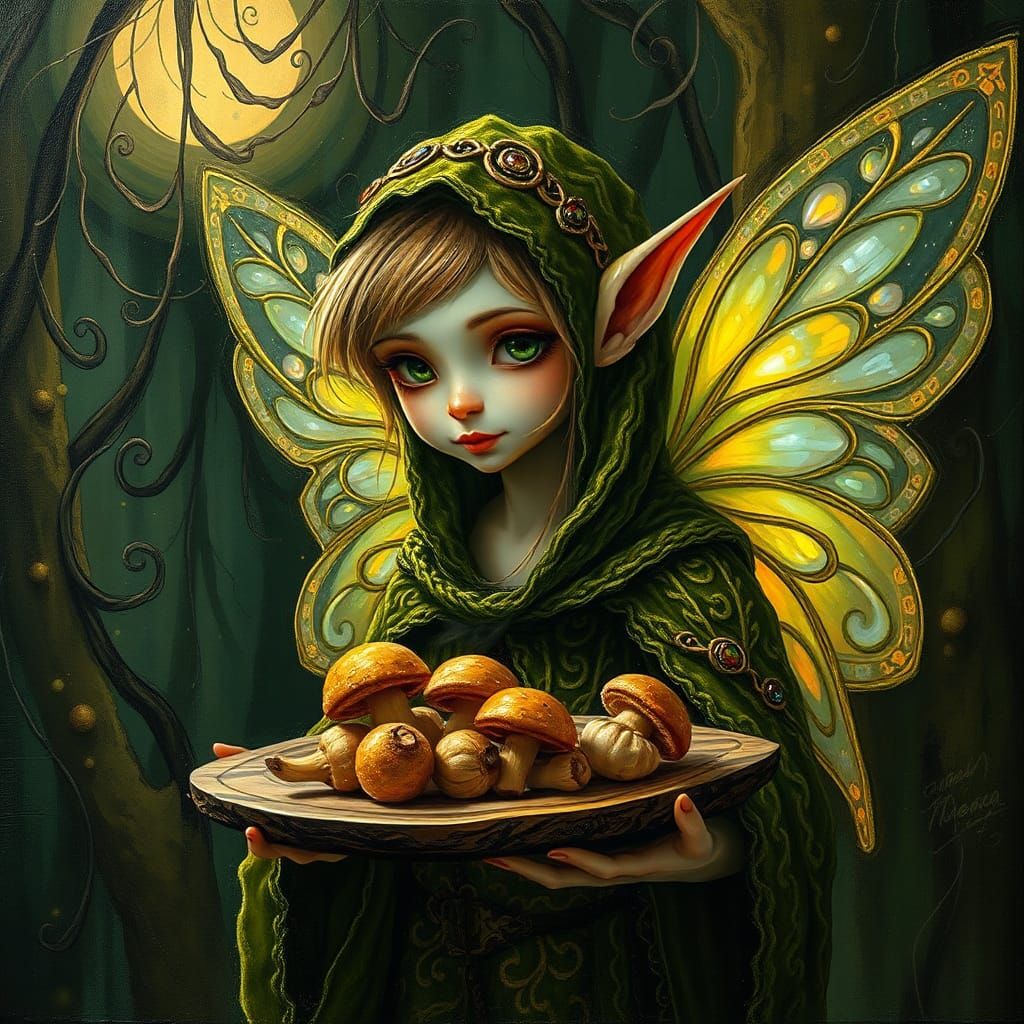 Enchanting Fairy Elf Serving Mushrooms as Impasto Painting