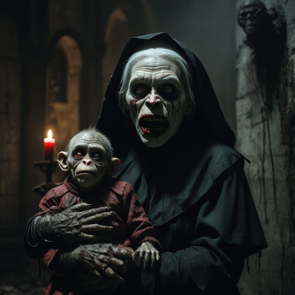 Elderly Nun Monster Threatens Crying Zombie Toddler in Creep...
