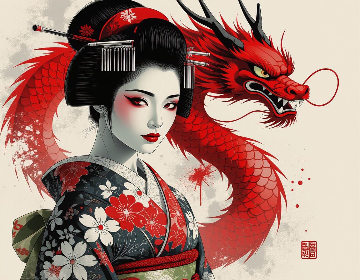 Geisha and Dragon Portrait in Graffiti Art Style