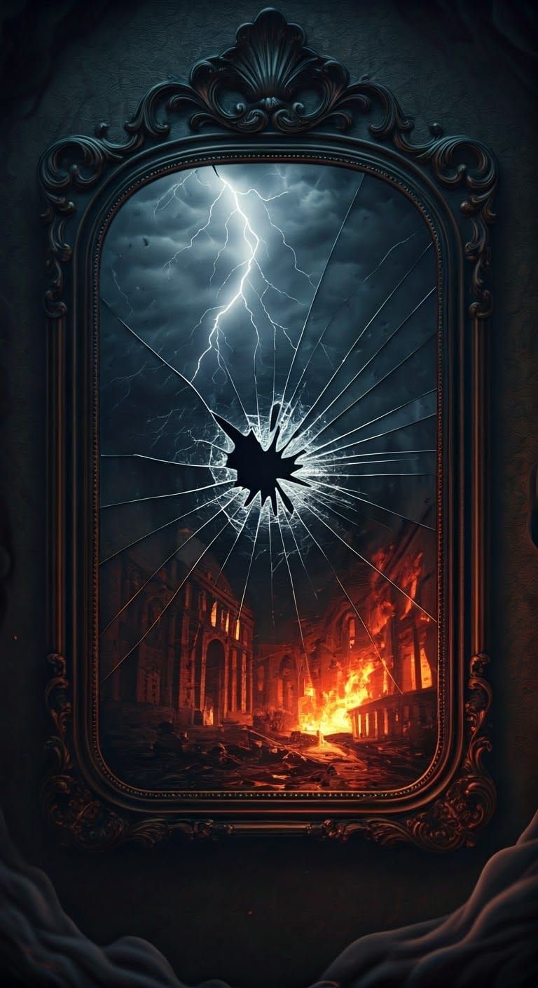 Ominous Shattered Mirror Reflects Peril in Photorealistic St...