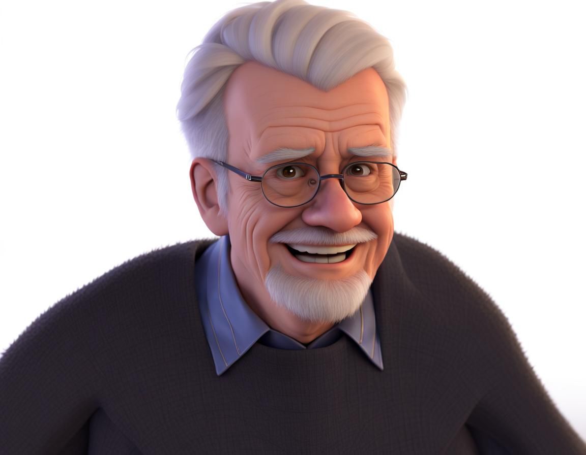 Smiling Old Man with Glasses in Pixar Style